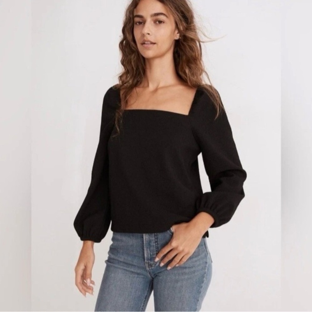 Madewell Women’s Small Black Square Neck Blouse Top Long Sleeve S Crepe